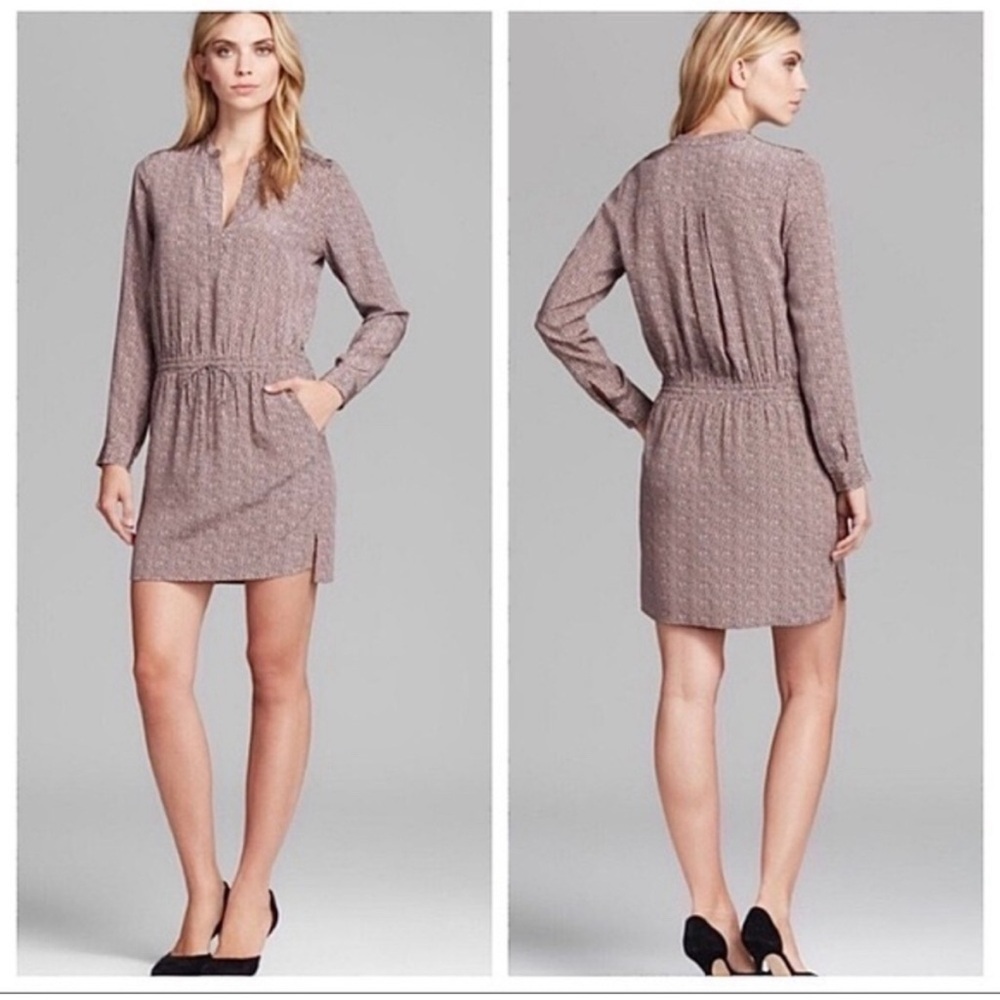 Vince Silk Printed Shirt Dress Size 12 Drawstring Waist Split Neck, s